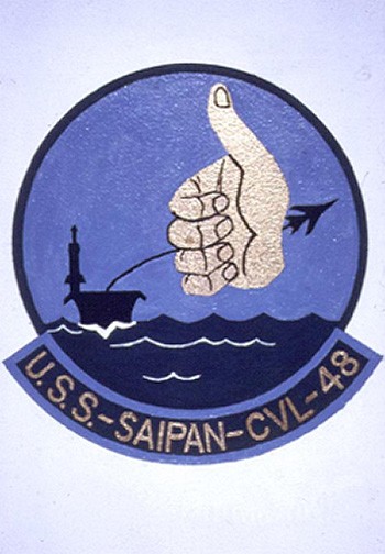 NH 70134-KN:  USS Saipan (CVL-48).  Artwork reproduction of an insignia received during the 1950s.   NHHC Photograph Collection. 