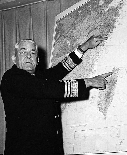 330-PS-7147 (USN 709402):   Vice Admiral R. P. Briscoe, Deputy Chief of Naval Operations, Fleet Operations and Readiness, holding a press-conference at the Pentagon on the evacuation of the Tachen Islands, February, 2 1955.  Official U.S. Navy photograph, now in the collections of the National Archives.  