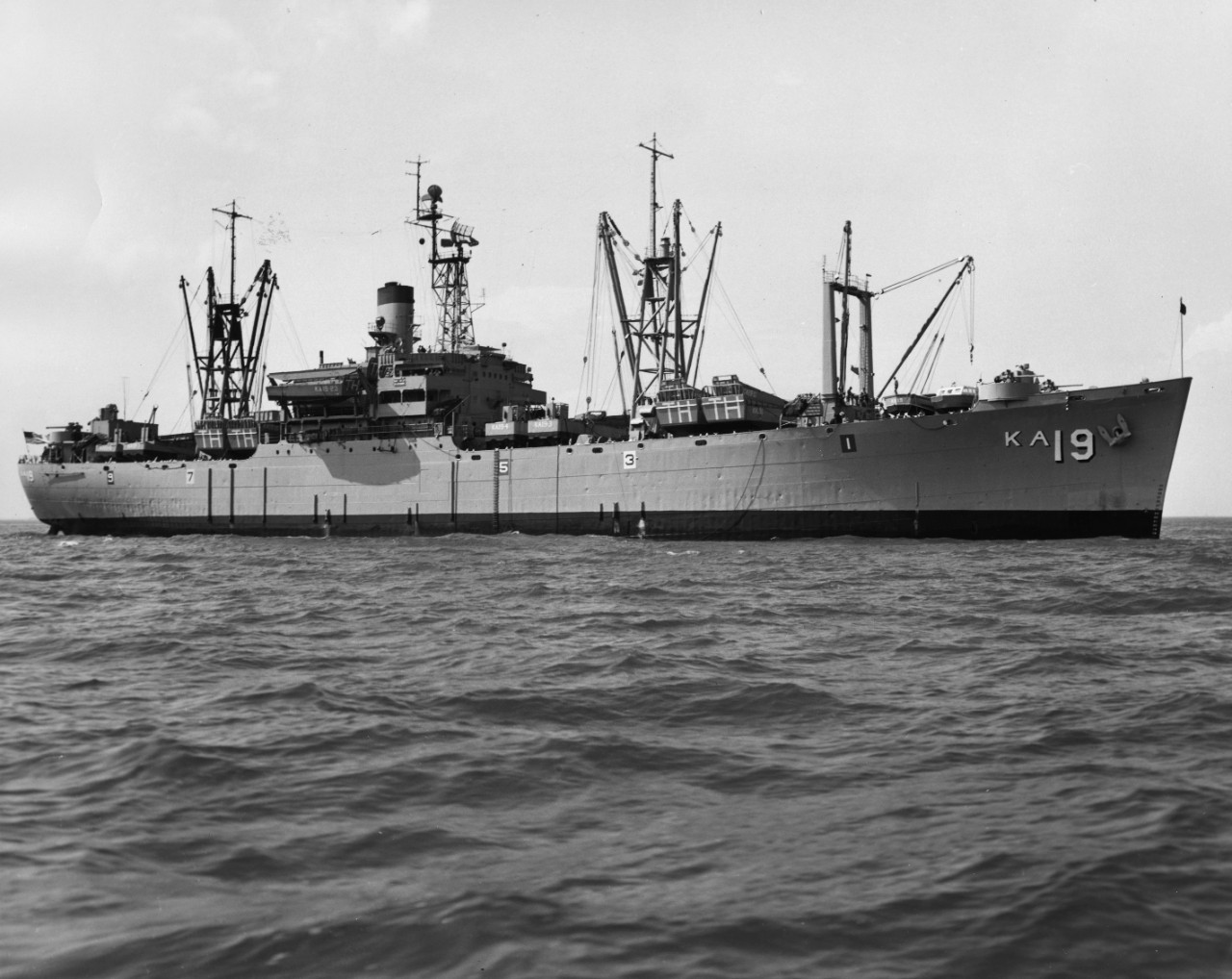 L45-281.02.01:  USS Thuban (AKA-19), starboard view of attack cargo ship, 1963.   NHHC Photograph Collection.  