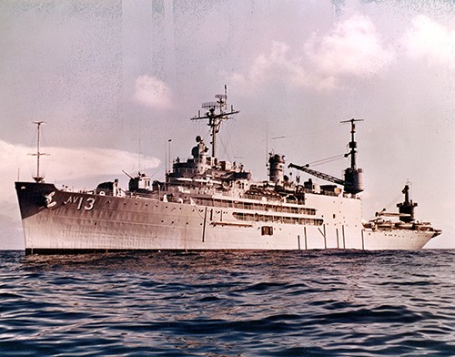 L45-250.06.01:  USS Salisbury Sound (AV-13), port view, 1967.   NHHC Photograph Collection.