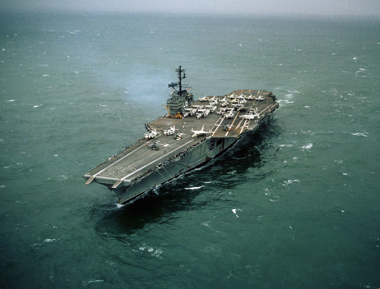 330-CFD-DN-SC-04-09140:  An aerial port bow view of USS Forrestal (CVA-59) underway.   Photographed August 12, 1967 by PHC H.L. Wise, USN.  Official U.S. Navy Photograph, now in the collections of the National Archives.  