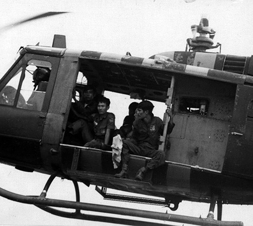 127-GVB-279-A801616:  Operation Frequent Wind, April 29, 1975.   A South Vietnamese pilot lands his Huey helicopter on the deck of USS Hancock (CV-19).  Many pilots fled to Hancock, seeking refuge for themselves, family and friends during the evacuation.  Official U.S. Marine Corps photograph, now in the collections of the National Archives.   