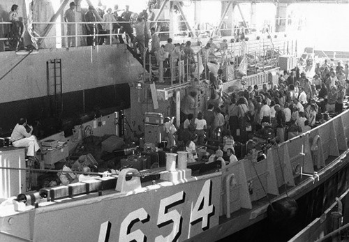 LCU 1654 unloads refugees from war-torn Lebanon in the well of the dock landing ship USS Spiegel Grove (LSD 32) as the ship stands off Beirut. Spiegel Grove took 276 people to safety in Athens, Greece, during Operation Fluid Drive.