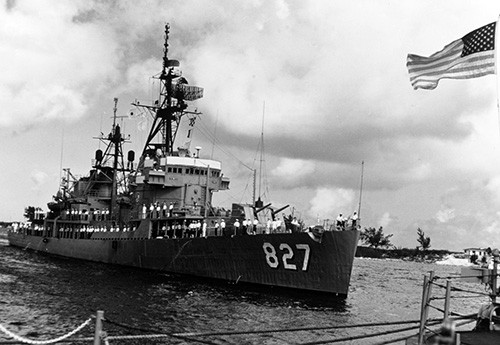 NH 107300:  USS Robert A. Owens (DD-827), March 3, 1976.  Crew members man the rails while arriving at Nassau, Bahama Islands.   Her visit commemorated the two-hundredth anniversary of the Continental Navy’s March 3, 1776 raid on the islands.  Photographed by JO2 Robert G. Leonard.  NHHC Photograph Collection.  