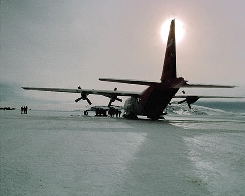 330-CFD-DN-ST-85-08677:   Left rear view of an LC-130 Hercules aircraft, used to resupply scientific research stations, January 1, 1995.   Official U.S. Navy photograph, now in the collections of the National Archives.   