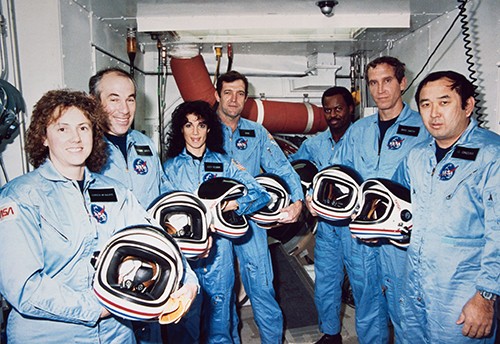 Space Shuttle Challenger (STS-51L) Crew (l-r): Payload Specialists Christa McAuliffe and Gregory B. Jarvis, Mission Specialist Judith A. Resnik, Commander Francis R. Scobee, Mission Specialist Ronald E. McNair, Pilot Michael J. Smith, Mission Spe...