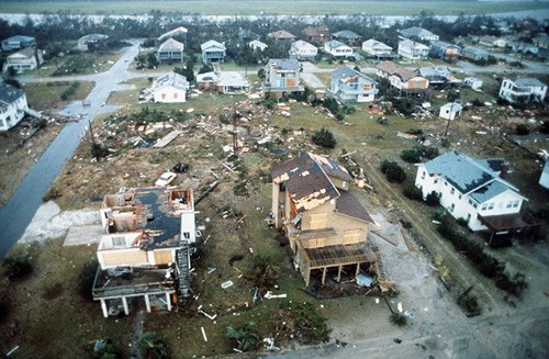 330-CFD-DF-ST-99-02586.  An overview of damaged homes near Charleston Air Force Base in the aftermath of Hurricane Hugo.  Photographed by MSGT Patrick Nugent.  Official U.S. Air Force photograph, now in the collections of the National Archives.   