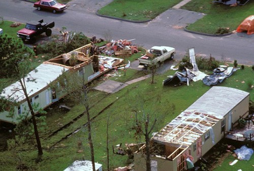 330-CFD-DF-ST-99-06126:   Aerial view showing the damage inflicted on a trailer park when Hurricane Hugo struck Charleston, South Carolina. Exact Date Shot Unknown.  Unknown photographer.  Official U.S. Air Force photograph, now in the collections of the National Archives.   