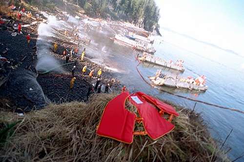 330-CFD-DN-SC-89-07300: U.S. Navy Mechanized Landing Craft (LCMs) are anchored along the shoreline as Navy and civilian personnel position hoses during oil clean-up efforts on Smith Island. The massive oil spill occurred when Exxon Valdez ran agr...