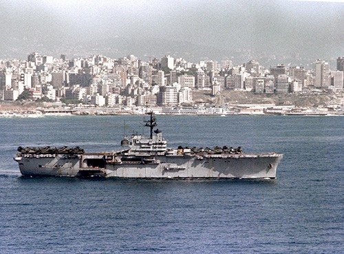 330-CFD-DN-SC-84-00749:   USS Guadalcanal (LPH 7), an aerial starboard beam view of the amphibious assault ship off Beirut, Lebanon, May 13, 1983.  Official U.S. Navy Photograph, now in the collections of the National Archives.  