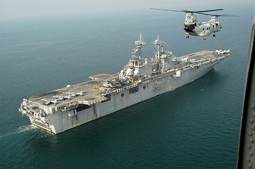 07120-N-5142K-134: A CH46K “Sea Knight” nears USS Kearsarge (LDH-3) while returning from a relief mission in Pahoraghata, Bangladesh. Photographed by Mass Communication Specialist 1st Class Robert Keilman. Official U.S. Navy Photograph.