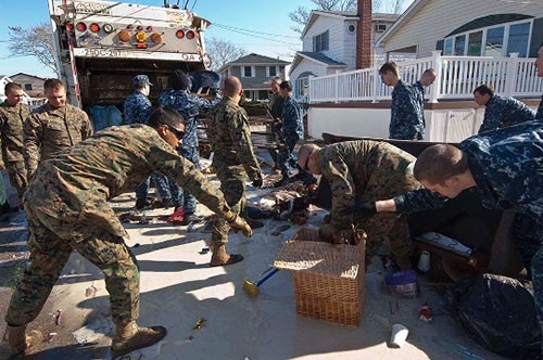 121109-N-UE577-626:   Sailors and Marines assigned to the amphibious assault ship USS Wasp (LHD-1) help remove debris from a street that was decimated by Hurricane Sandy. Wasp, the amphibious transport dock USS San Antonio (LPD-17), and the dock landing ship USS Carter Hill (LSD-50) are positioned in New York Harbor to provide relief support to areas affected by Hurricane Sandy. Photographed on November 9, 2012, by Seaman Andrew B. Church.   Official U.S. Navy photograph.   