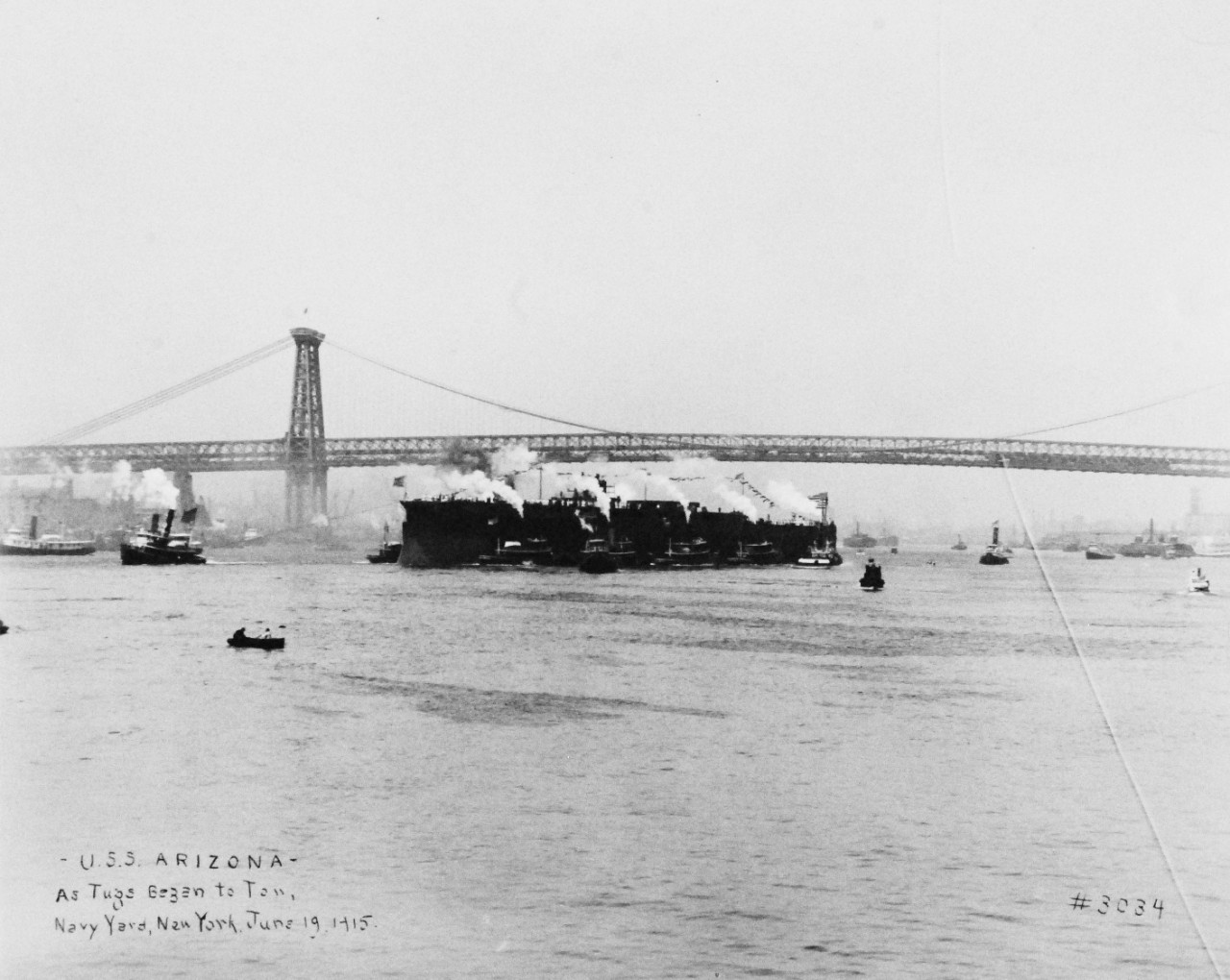 <p>19-LC-19A-10: USS Arizona (BB 39) as tugs begin to tow after christening and launching at the New York Navy Yard, New York City, June 19, 1915.&nbsp;</p>
