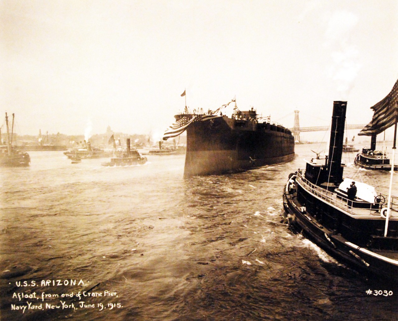 <p>19-LC-19A-2:&nbsp; USS&nbsp;<i>Arizona</i>&nbsp;(BB 39) afloat from end of crane pier after being launched at New York Navy Yard, New York, June 19, 1915.&nbsp;&nbsp;</p>
