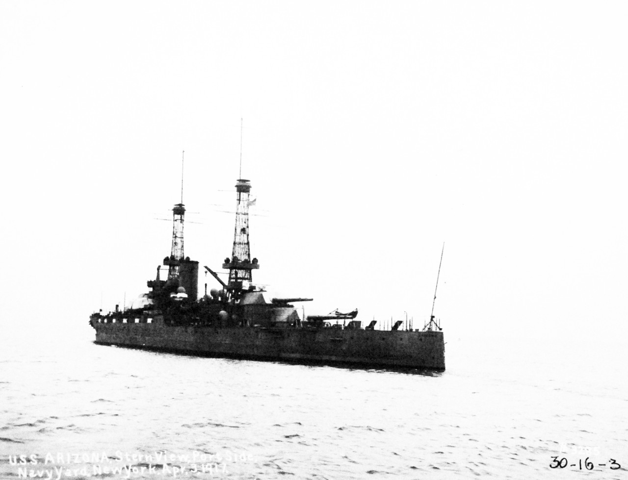 <p>19-LC-19A-22:&nbsp; USS&nbsp;<i>Arizona</i>&nbsp;(BB 39), stern view, port side, while off New York Navy Yard, New York, April 3, 1917.&nbsp;&nbsp;</p>
