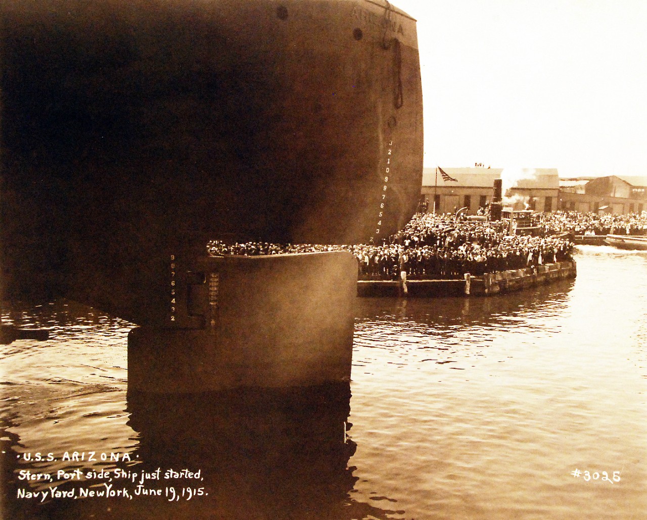 <p>19-LC-19A-4: USS Arizona (BB 39), stern, port side, ship just started during launching at New York Navy Yard, New York City, June 19, 1915.</p>
