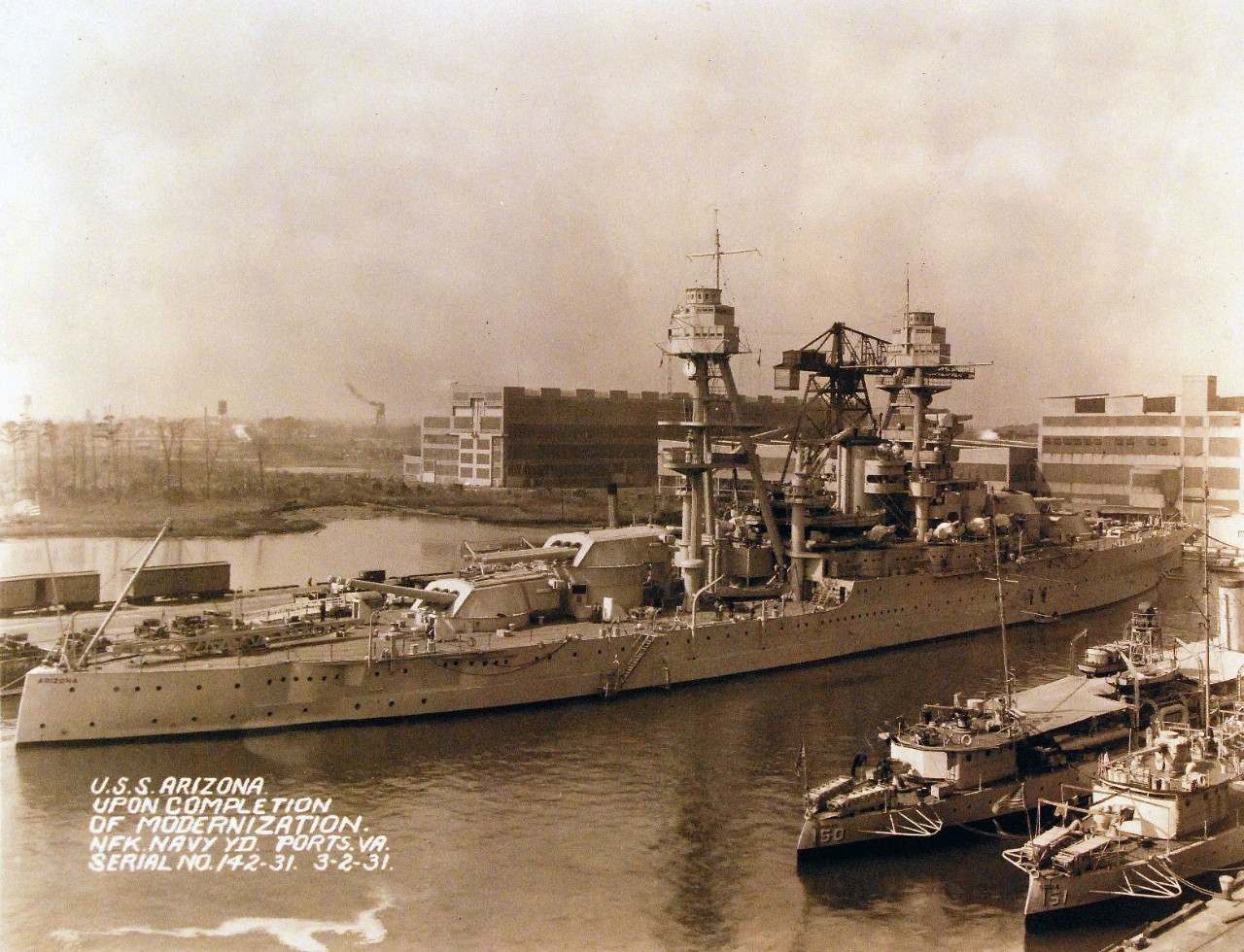 <p>19-LC-19A-34: USS Arizona (BB 39), port bow while off Guantanamo Bay, Cuba, January 1, 1920.&nbsp;</p>
