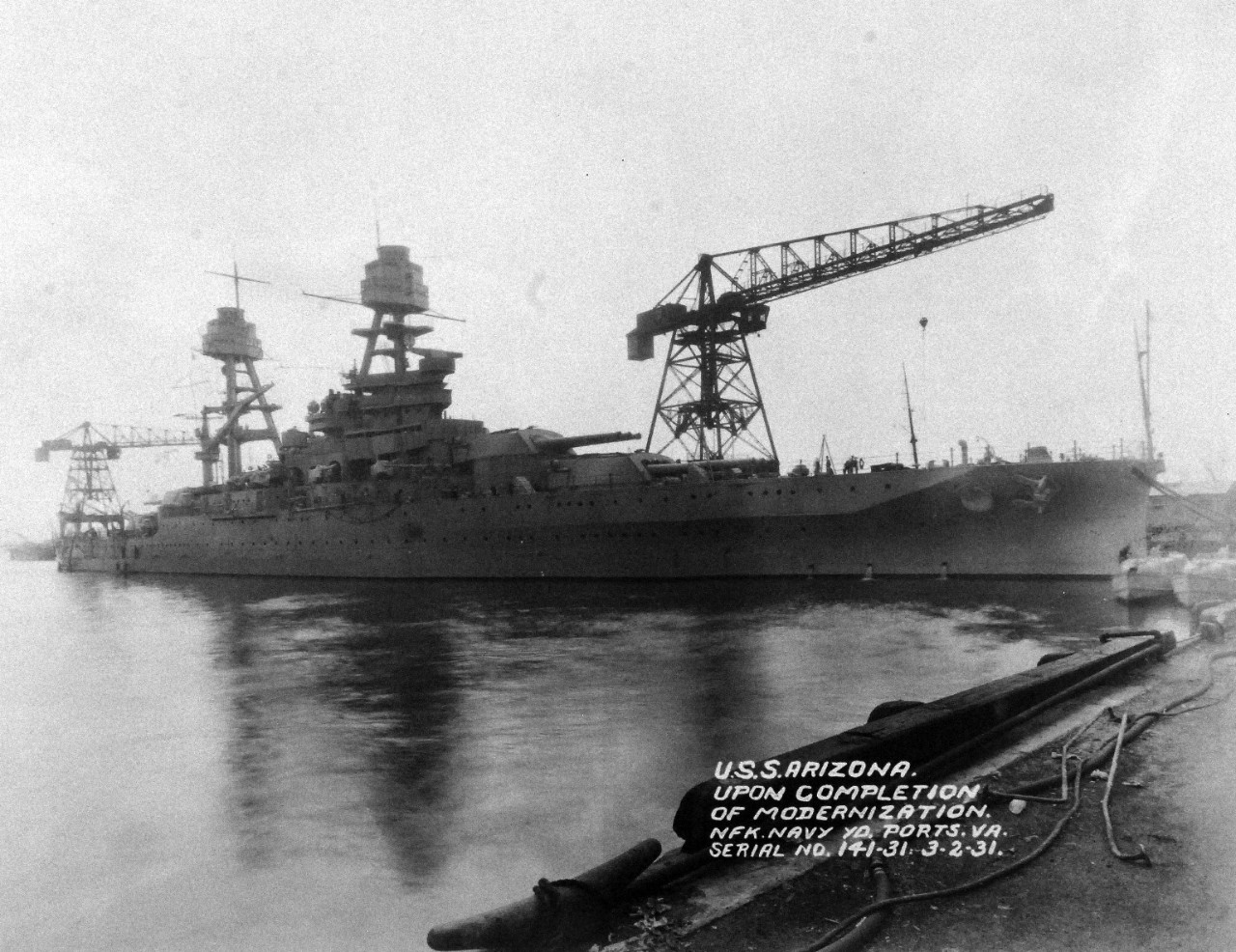 <p>19-LC-19B-2: USS Arizona (BB 39) upon completion of modernization at Norfolk Navy Yard, Portsmouth, Virginia, 2 March 1931.&nbsp;</p>
