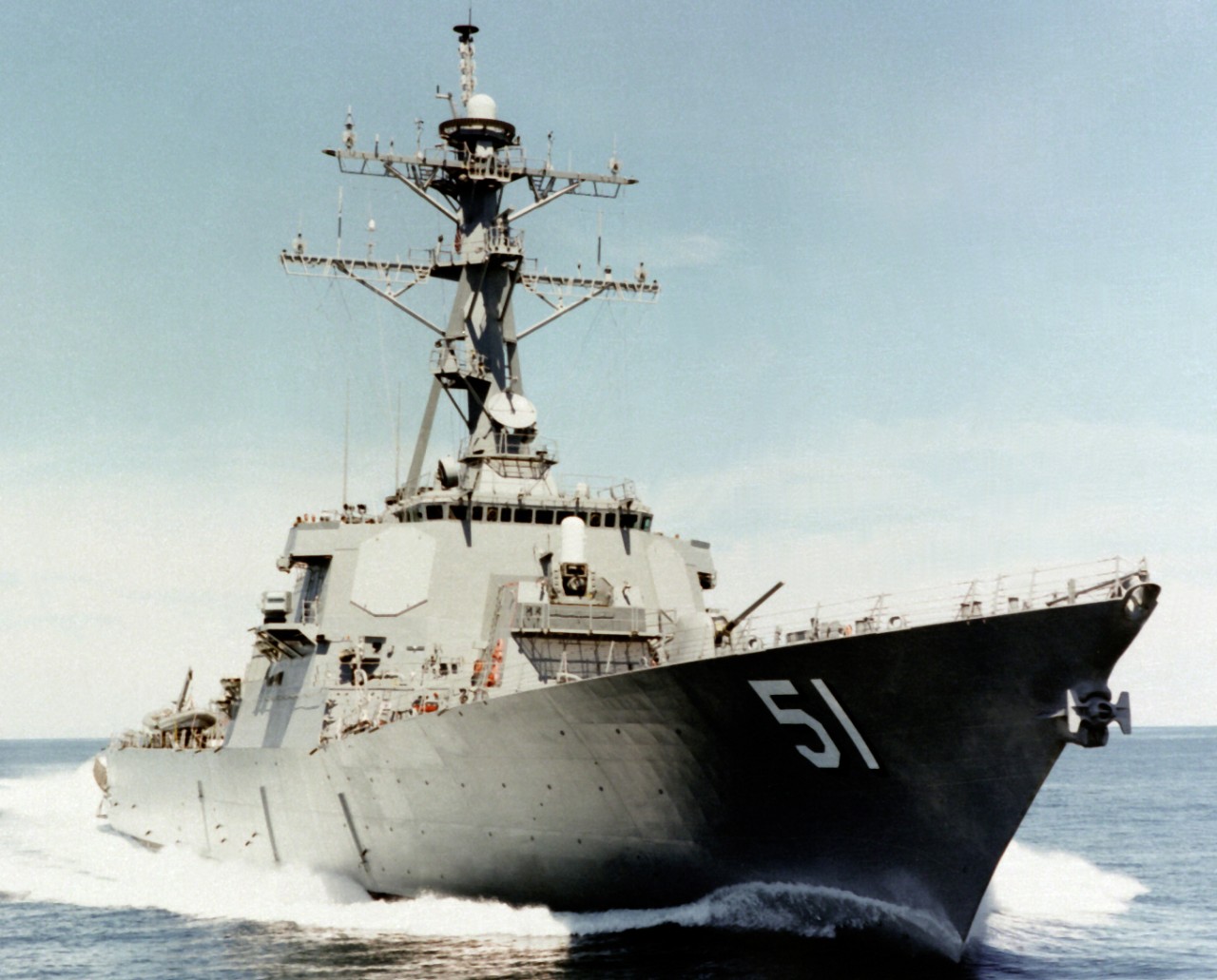 330-CFD-DN-SC-91-10732:    USS Arleigh Burke (DDG-51), 1991.  Starboard bow view of the guided-missile destroyer underway off the coast of New England prior to its commissioning, June 22, 1991.  Photographed by Bath Iron Works Corporation.  Official U.S. Navy Photograph, now in the collections of the National Archives.   
