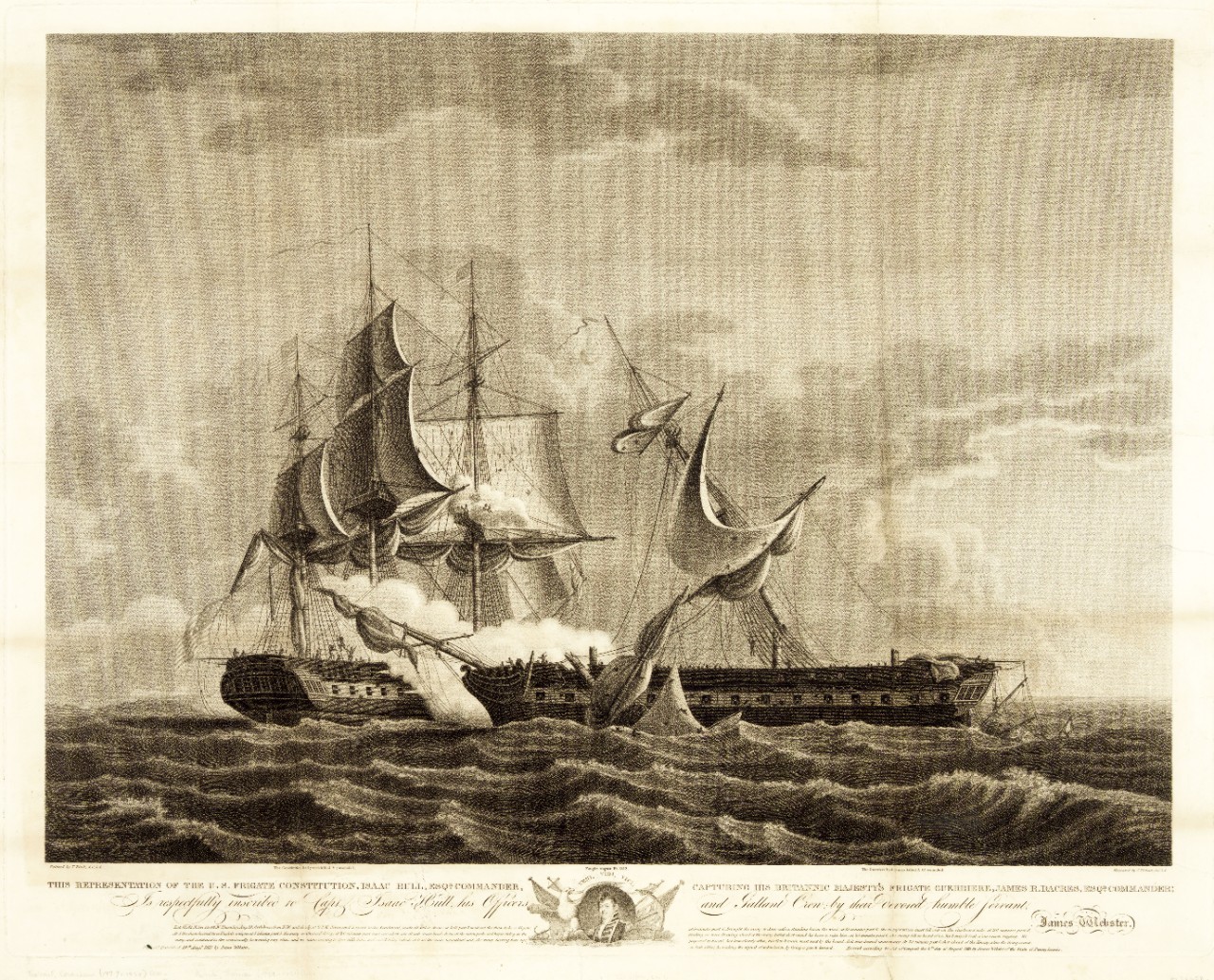 LC-DIG-PGA-02860:   USS Constitution, August 18, 1812.   War of 1812, U.S. Navy frigate, USS Constitution, commanded by Isaac Hull, capturing HBM frigate Guerriere,  August 19,  1812.   Engraving by Cornelius Teibout, based on artwork by Thomas Birch, published by James Webster, August 19, 1813. Courtesy of the Library of Congress.  (2015/7/2).  