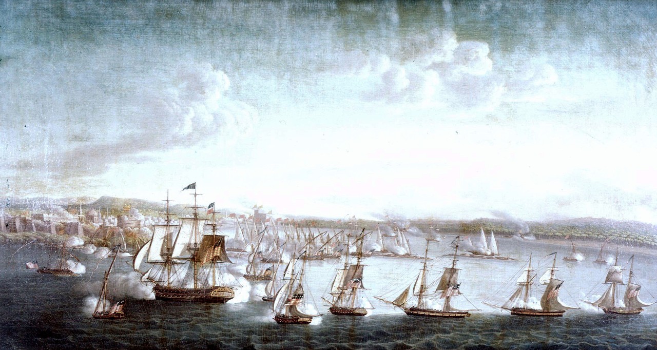 NH 65536-KN:  Bombardment of Tripoli, 3 August 1804.  Oil by Michael Felice Corne, depicting Commodore Edward Preble's squadron engaging the Tripolitan gunboats and fortifications during the afternoon of 3 August 1804.  U.S. Navy vessels shown in the foreground are, from left to right: schooner Enterprise, schooner Nautilus, brig Argus, brig Siren (or Syren), schooner Vixen, mortar boat Dent, gunboat Somers, frigate Constitution (Preble's flagship), mortar boat Robinson, and gunboat Blake.  Attacking the enemy flotilla in the center background are Lieutenant Stephen Decatur's three gunboats and a gunboat commanded by Lieutenant James Decatur, who was killed in this action.  Courtesy of the U.S. Naval Academy Museum, Annapolis, Maryland.  NHHC Photograph Collection.