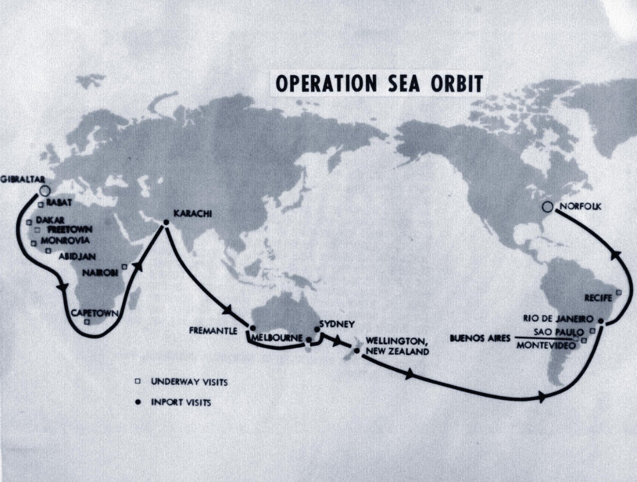 330-PSA-211-64 (USN 711474):  Operation Sea Orbit, 1964.   Operation Sea Orbit (Nuclear Task Force One) Map of Globe Circumnavigation.   Nuclear Task Force One consisted of: USS Enterprise (CVAN 65); USS Long Beach (CLGN 9), and USS Bainbridge (DLGN 25), which traveled 34,732 statute miles without refueling or taking on supplies for the more than 6,000 men aboard.   The trip commenced on July 31, 1964 when the ships completed operations in the Mediterranean and sailed past Gibraltar.  Task Force One, Commanded by Rear Admiral Bernard M. Strean, was visited by officials of 12 countries.  Majority of the visits were underway calls in which planes from the Enterprise flew inland to pick up officials for an inspection of Task Force One and an air power demonstration.  In-port calls, where one or more of the ships dropped anchor, were made at Karachi, Pakistan, August 20-22; Fremantle, Australia, August 31-September 2; Melbourne, Australia, September 3-5; Sydney, Australia, September 4-7; Wellington, New Zealand, September 8-9; and Rio De Janerio, Brazil, September 23-25.  Underway visits were conducted with officials flown from Rabat, Morocco, July 31; Dakar, Senegal, August 3; Monrovia, Liberia and Freetown, Sierra Leone, August 4; Abidjan, Ivory Coast, August 5; Cape Town, Union of South Africa, August 10; Nairobi, Kenya, August 15; Montevideo, Uruguay and Buenos Aries, Argentina, September 21; Sao Paulo, Brazil, September 23; and Recife, Brazil, September 28.   Photograph released October 2, 1964.  Official U.S. Navy Photograph, now in the collections of the National Archives.   (2015/11/03).