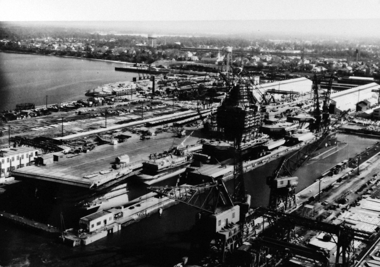 330-PSA-224-60 (USN 1050132):   USS Enterprise (CVN-65), 1960.   Aerial view of the launching at Newport News Shipbuilding and Drydock Company, Newport News, Virginia, September 24, 1960.   Official U.S. Navy Photograph, now in the collections of the National Archives.   (2015/09/09).  