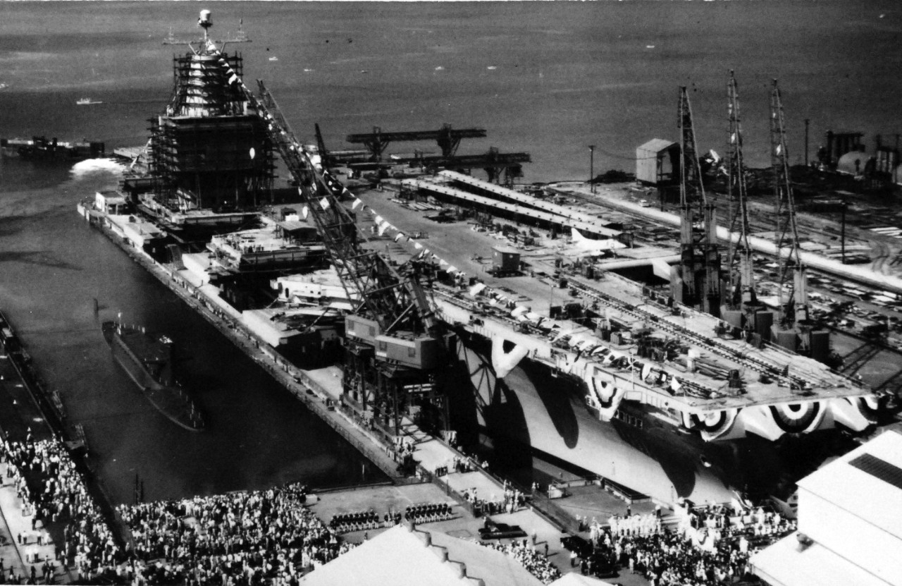 330-PSA-224-60 (USN 1050133):   USS Enterprise (CVN-65), 1960.   Aerial view of the launching at Newport News Shipbuilding and Drydock Company, Newport News, Virginia, September 24, 1960.   Official U.S. Navy Photograph, now in the collections of the National Archives.   (2015/09/09).  