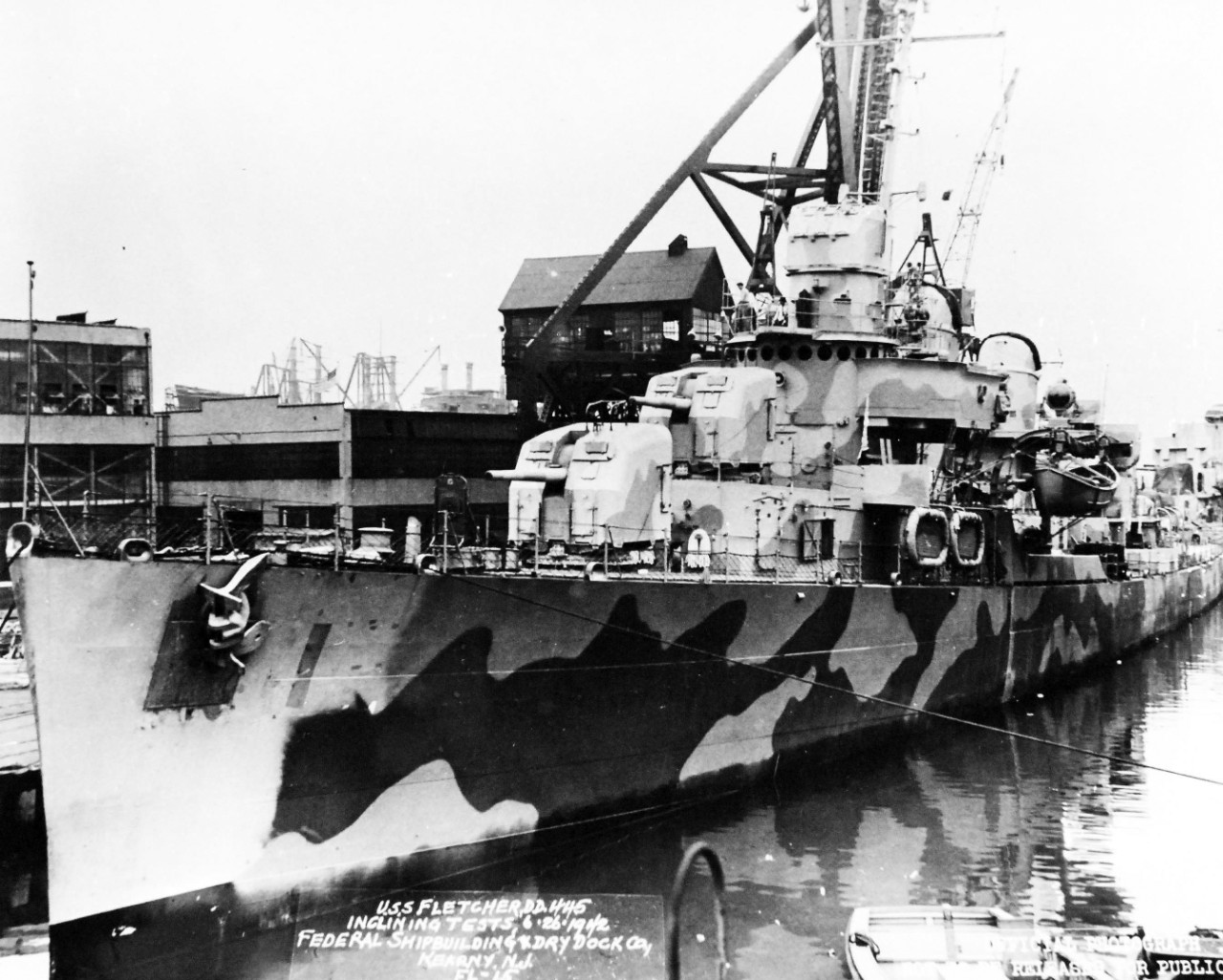 80-G-1049793:   USS Fletcher (DD-445), 1942.   Inclining tests on July 1942 at Federal Shipbuilding and Drydock Company, Kearny, New Jersey.   Official U.S. Navy Photograph, now in the collections of the National Archives.  (2017/09/19).  