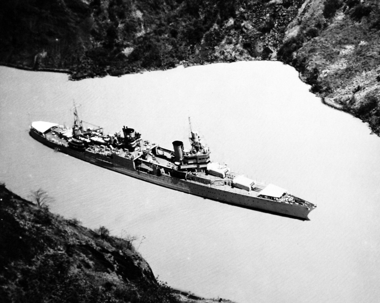 80-G-466166:  USS Indianapolis (CA-35), March 4, 1933.   Aerial oblique view while passing through the Panama Canal.  Official U.S. Navy Photograph, now in the collections of the National Archives.  (2018/03/14).  