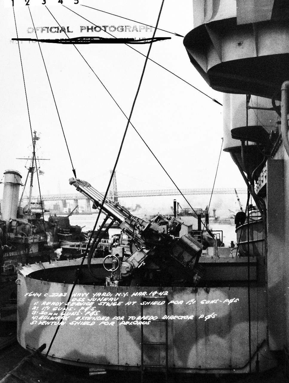 19-LCM-31283:   USS Juneau (CL-52) , March 1942.   Light cruiser at the New York (also known as Brooklyn) Navy Yard, New York City, New York, March 19, 1942.   U.S. Bureau of Ships Photograph, now in the collections of the National Archives.  (2015/02/18). 