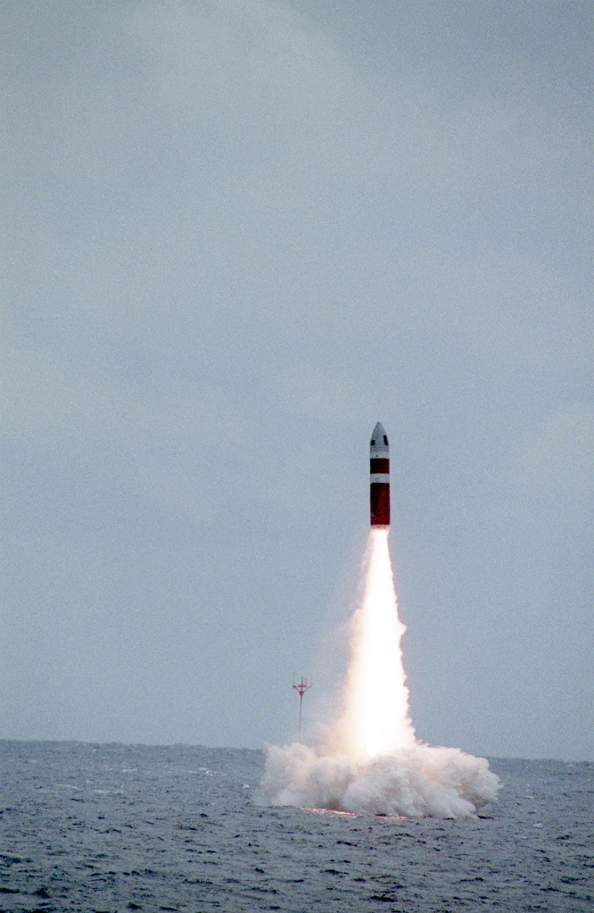 330-CFD-DN-SC-84-08113:   USS Lafayette (SSBN-616), A Poseidon C-3 (UGM-73A) missile is launched from the nuclear-powered strategic missile submarine September 2, 1983.  Official U.S. Navy Photograph, now in the collections of the National Archives.    