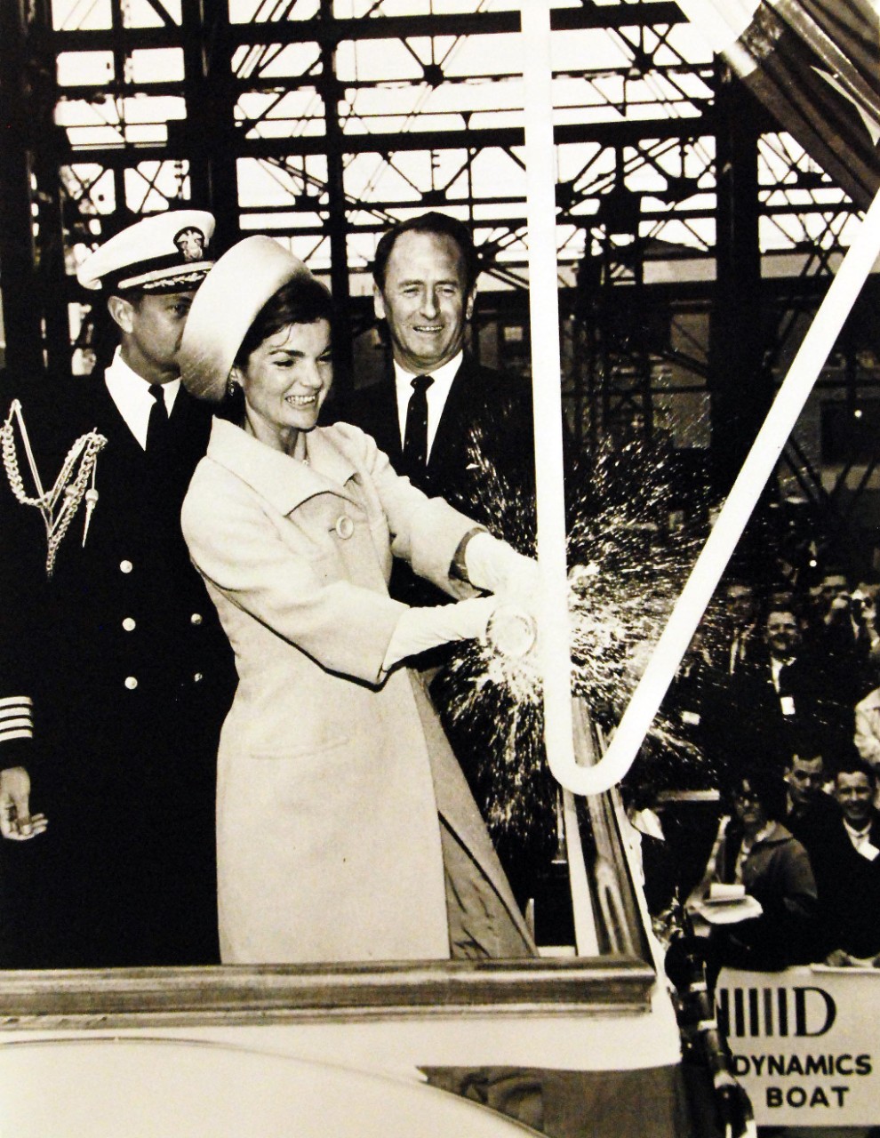 LC-USZ62-85385:   USS Lafayette (SSBN-616), 1962.  Christening of the submarine by First Lady Jacqueline Kennedy on May 8, 1962 at Electric Boat, General Dynamics, in Groton, Connecticut.   U.S. Navy Photograph.  Courtesy of the Library of Congress.   (2016/06/17).    