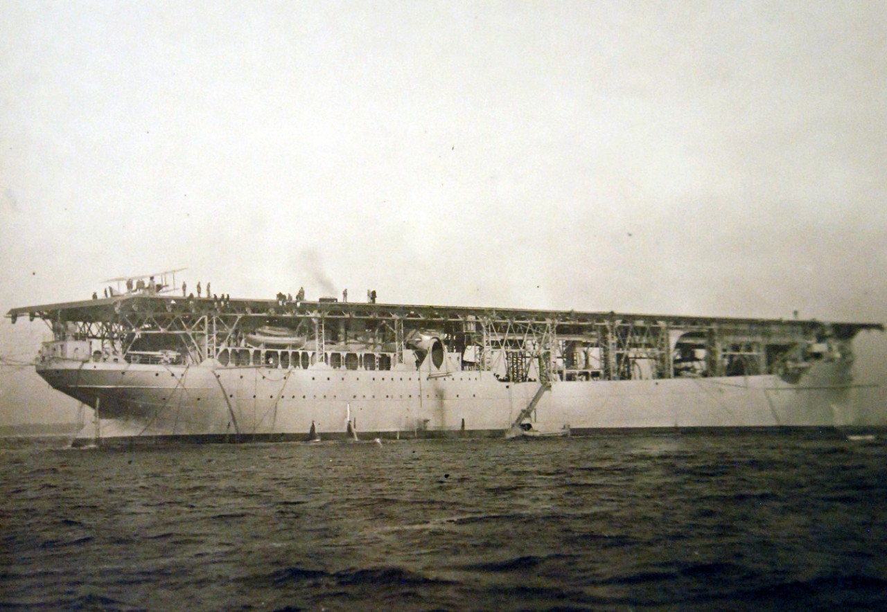 19-NS-L4:   USS Langley (CV 1), 1923.   AS-1 aeromarine on stern, February 16, 1923.    Official U.S. Navy photograph, now in the collections of the National Archives.   (2014/07/2) 