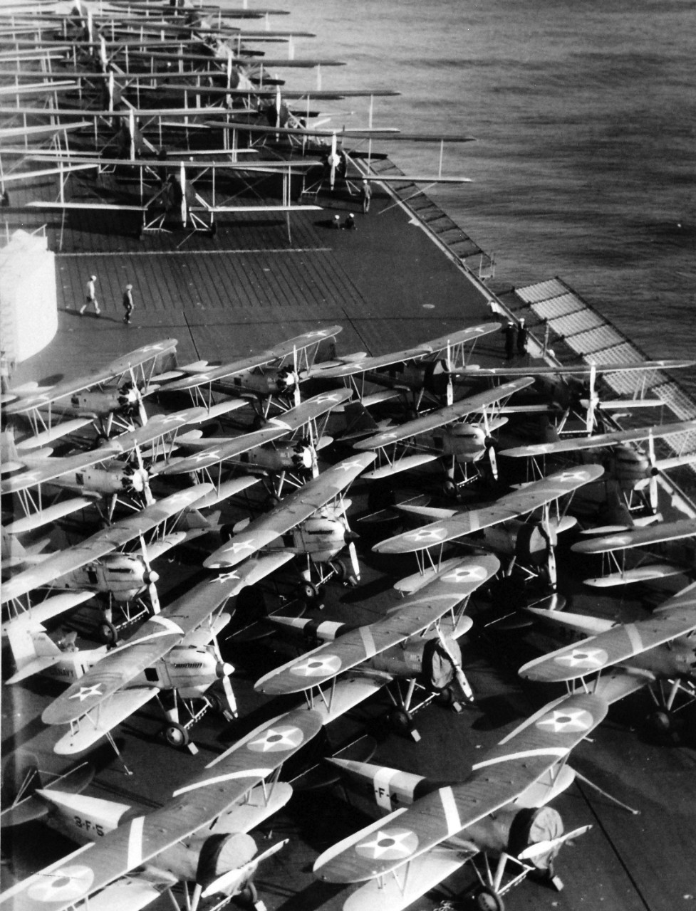 80-G-452937:  USS Lexington (CV-2), January 1929.    Curtiss F6C fighters (lower right) and Martin T9M torpedo planes on the carrier's flight deck, January 26, 1929. Official U.S. Navy Photograph, now in the collection of the National Archives.   (2014/12/02).    