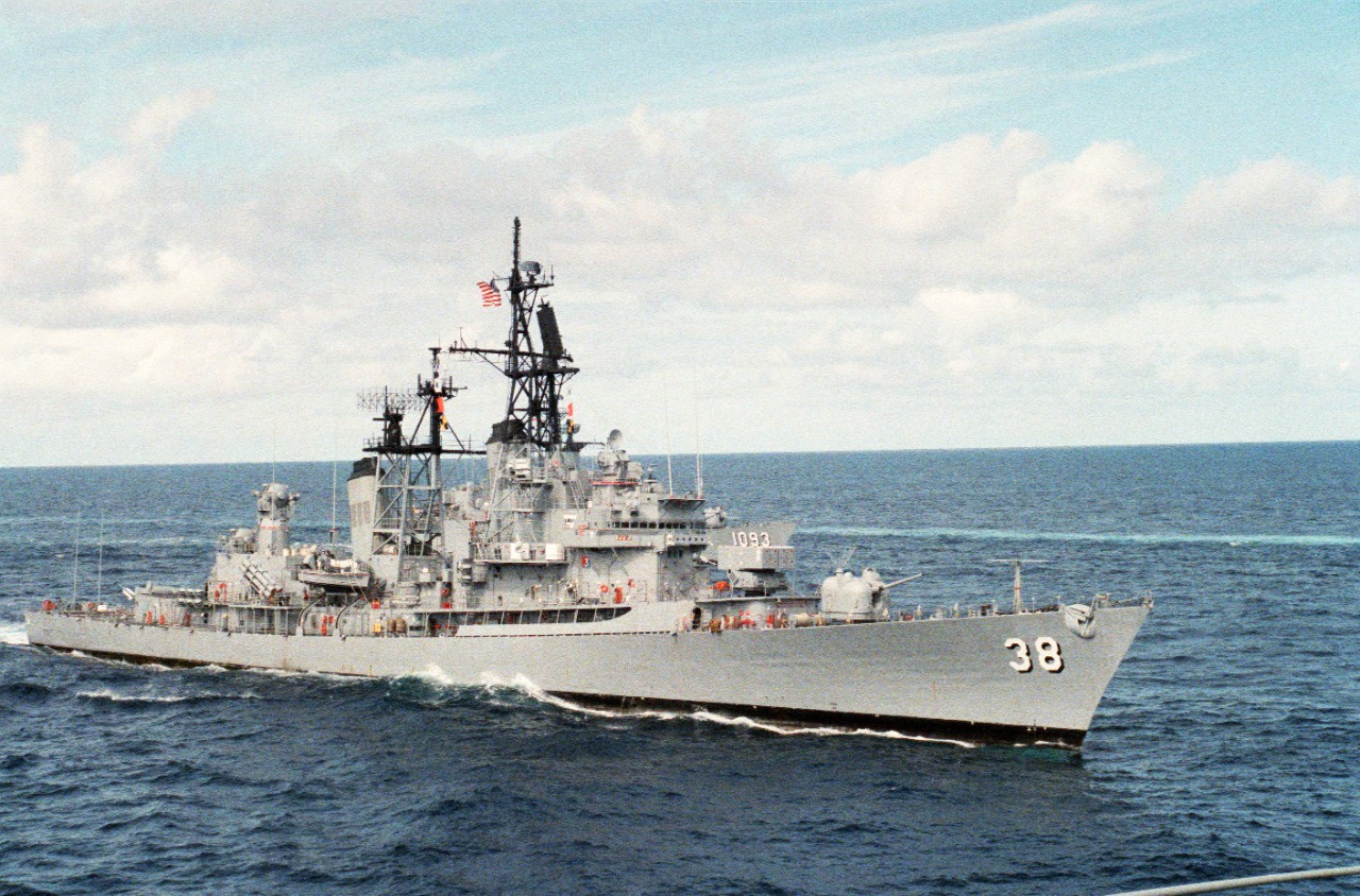 330-CFD-DN-SC-88-05385: USS Luce (DDG-38), 1988.   Starboard bow view underway in the Mediterranean Sea, March 12, 1988.   Photographed by PH3 Houser.   Official U.S. Navy Photograph, now in the collections of the National Archives.  