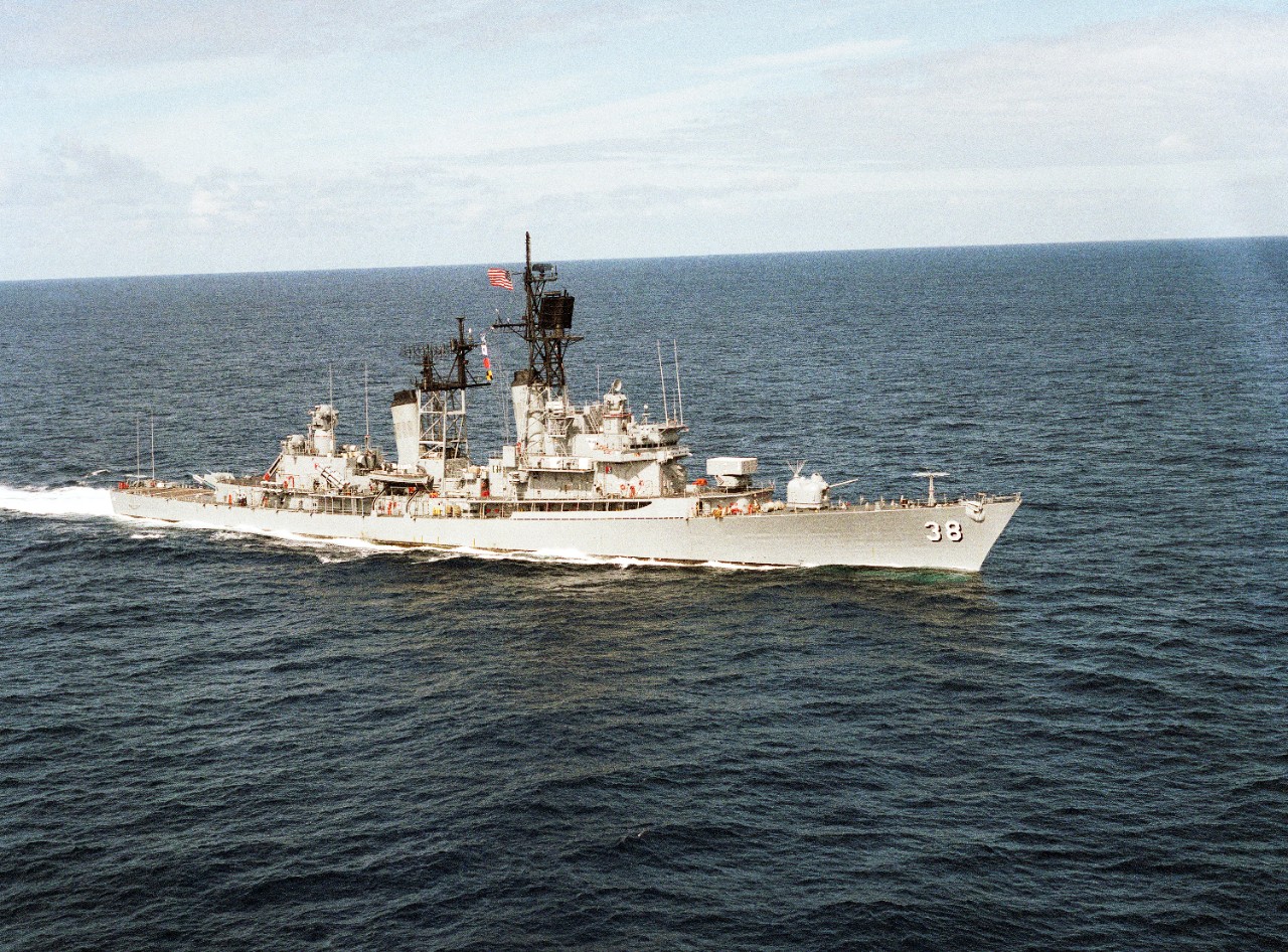 330-CFD-DN-SC-88-05387: USS Luce (DDG-38), 1988.   Starboard bow view underway in the Mediterranean Sea, March 12, 1988.   Photographed by PH1 Bean.   Official U.S. Navy Photograph, now in the collections of the National Archives.  