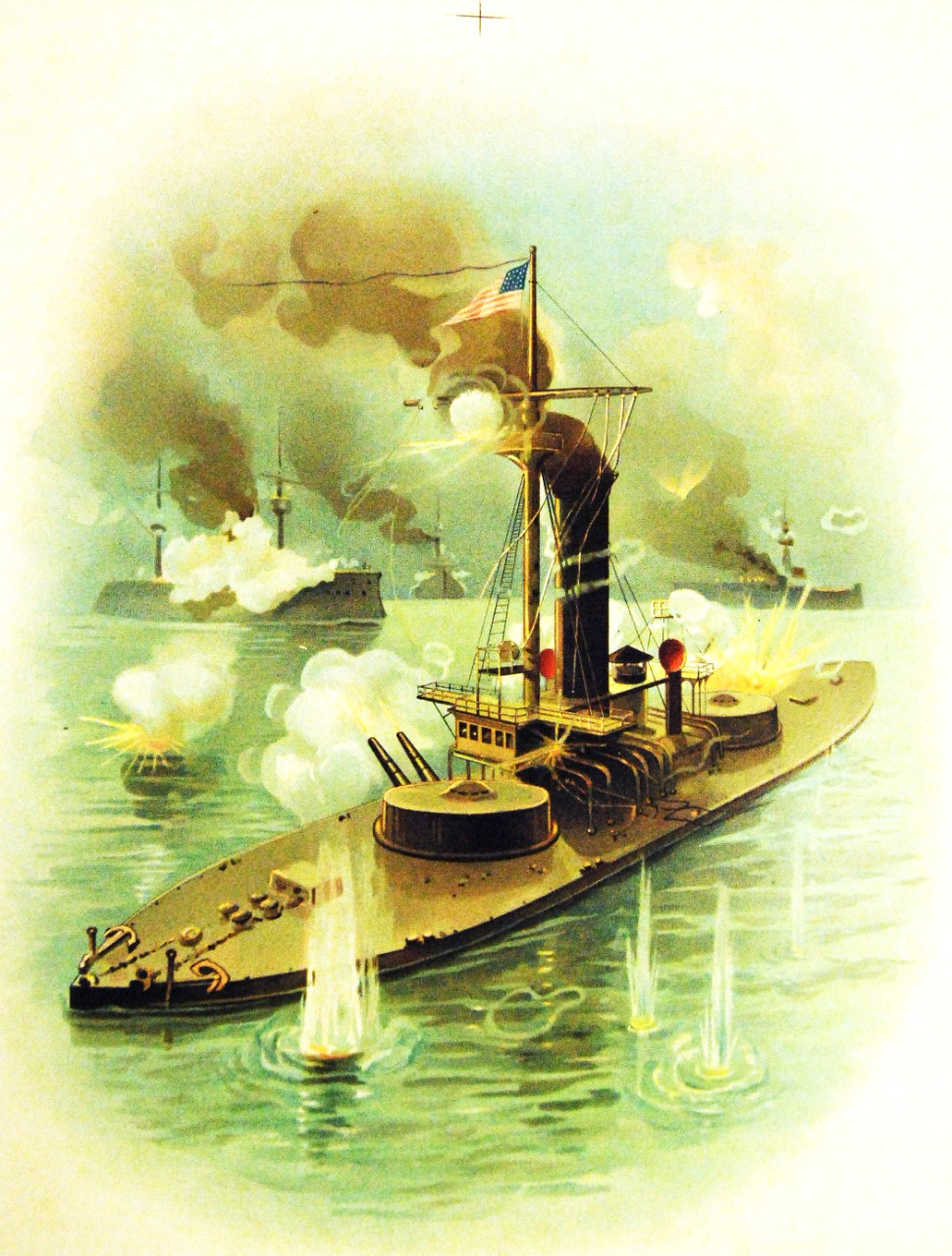 LC-Lot 4812-21:  USS Miantonomoh (Monitor #5), 1898.   Firing her turret guns.  Though this image has Miantonomoh in battle, she did not see any action during the Spanish-American War.   Reproduction of a painting by Koerner & Hayes, circa 98. Courtesy of the Library of Congress.   (2015/7/24). 