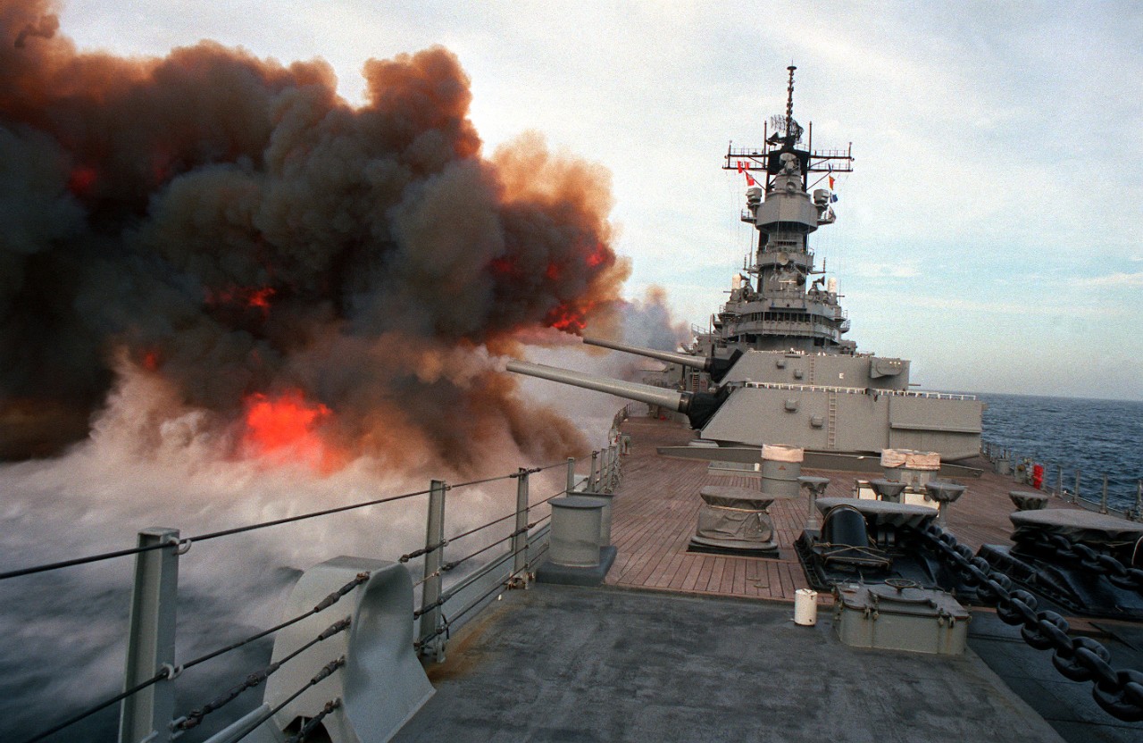 300-CFD-DN-SC-91-06792:  USS Missouri (BB-63), 1990.  Smoke billows from the muzzles of the Mark 7 16-inch/50-caliber guns in each of the three main gun turrets aboard the battleship USS Missouri (BB-63) after the ship fired multiple slavos during exercise RimPac "90 near Hawaii.  Official U.S. Navy Photograph, now in the collections of the U.S. National Archives - Online Public Access.