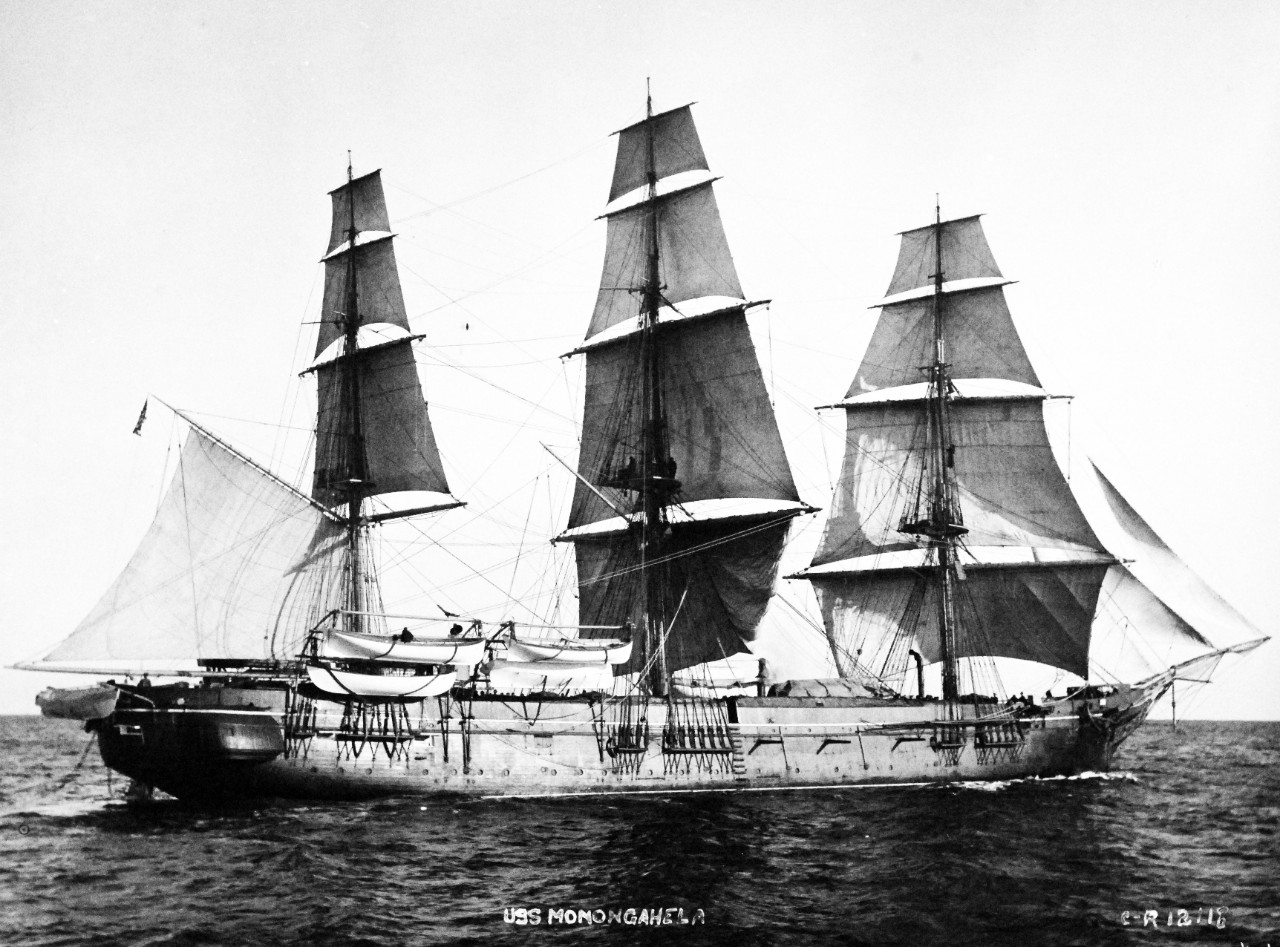 19-N-12118:  USS Monongahela, later 1890s.  Starboard view while under sail while serving as the U.S. Naval Academy Practice Ship.   Official U.S. Navy Photograph, now in the collections of the National Archives.   (2014/7/10).