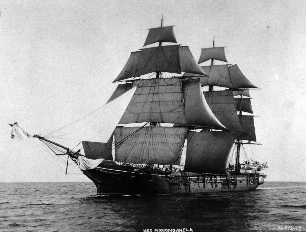 19-N-12119:  USS Monongahela, later 1890s    Port view while under sail while serving as the U.S. Naval Academy Practice Ship.   Official U.S. Navy Photograph, now in the collections of the National Archives.   (2014/7/10).