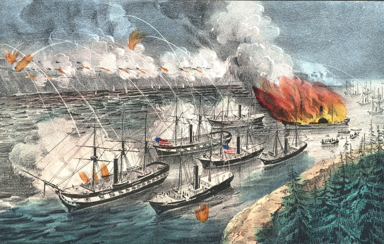 LC-DIG-PGS-05757:  Rear Admiral David G. Farragut’s fleet engaging the rebel batteries at Port Hudson, Louisiana, March 14th, 1863.  Hand color lithograph by Currier & Ives, possibly 1863.  Courtesy of the Library of Congress.  (5/22/2015).    