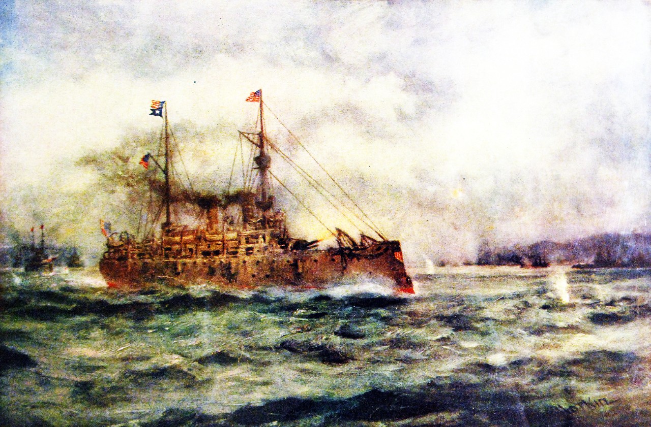 LC-Lot-4235-1:  Spanish-American War.  Battle of Manila Bay, May 1, 1898.   USS Olympia firing the first shot in the Battle of Manila Bay, May 1, 1898.  Artwork by Robt. Hopkin.  Courtesy of the Library of Congress.  (2015/5/8).  