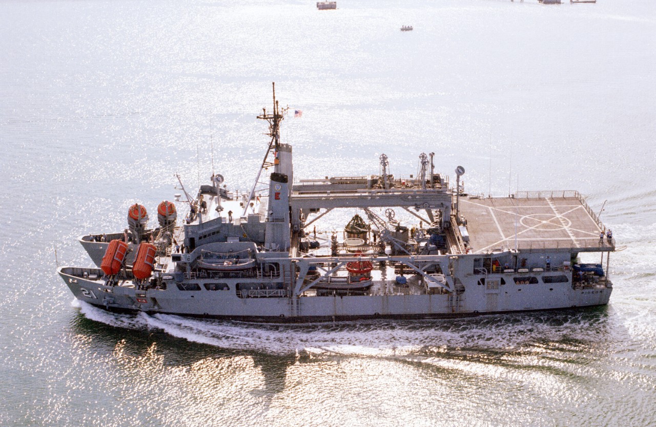 330-CFD-DN-SC-89-05685:  USS Pigeon (ASR-21), 1986.     A port beam view of the submarine rescue ship USS Pigeon (ASR-21) underway off the coast of San Diego, California.    Photographed by PH3 Petty, October 17, 1986.  Official U.S. Navy Photograph, now in the collections of the National Archives.    