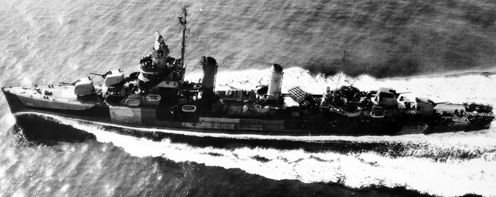 Image:   NH 107430:  USS Plunkett (DD-413), aerial in March 1945.  Note the Camouflage Measure 32, Design 3D design.   U.S. Naval History and Heritage Command Photograph.