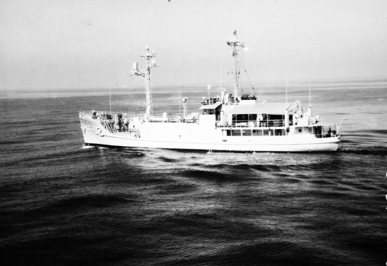 428-GX-USN-1129207:  USS Pueblo (AGER-2), 1967.   The environmental research ship underway off the coast of San Diego, California.  Photographed by PHCS J.M. Lahr, October 19, 1967.  Official U.S. Navy Photograph, now in the collections of the National Archives.  Image is also held in the NHHC Photograph Collection.   (2015/05/23).   