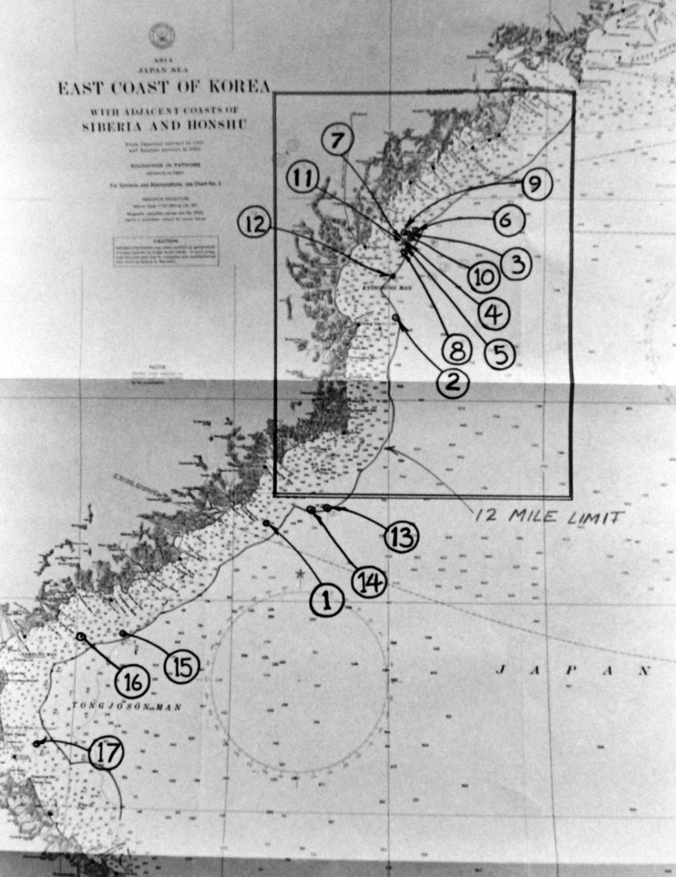 428-GX-USN-1140171:   USS Pueblo (AGER-2), chart.   Chart prepared for us by the Court of Inquiry on the capture of USS Pueblo (AGER-2).  The chart shows the alleged 17 points of violation on the territorial waters claimed by the North Koreans during the period of capture on January 15-24, 1968.  Captain Lloyd M. Bucher, Commanding Officer of Pueblo, denied each alleged violation, January 1969.   Official U.S. Navy Photograph, now in the collections of the National Archives.  (2017/05/23).  Photographed from reference card.  