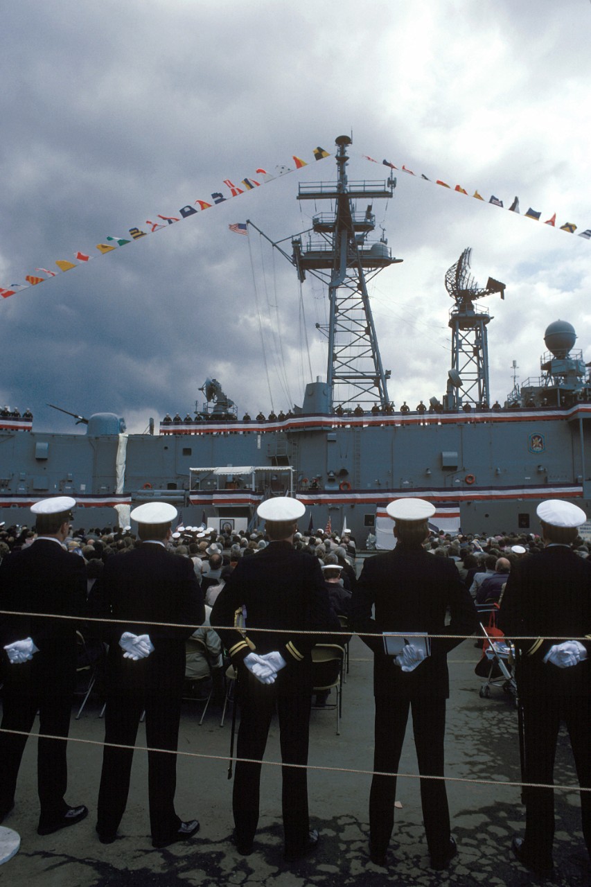 330-CFD-DN-ST-86-06813:  USS Samuel B. Roberts (FFG-58), 1986.   Crew members stand at parade rest during the commissioning of the guided missile frigate USS Samuel B. Roberts (FFG-58), April 12, 1986.  U.S. Navy Photograph, now in the collections of the U.S. National Archives.  