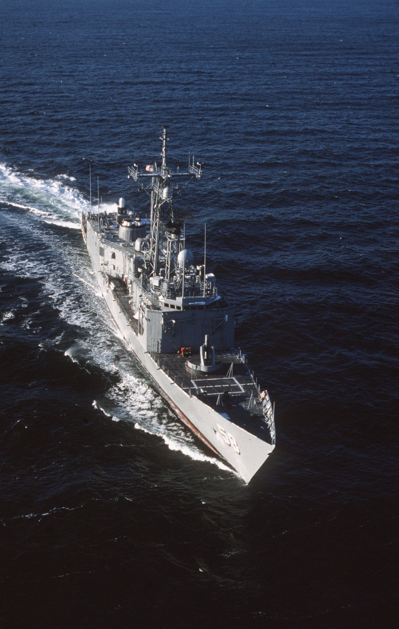 330-CFD-DN-ST-86-05315:   USS Samuel B. Roberts (FFG-58), 1986.   USS Samuel B. Roberts (FFG-58), an elevated starboard bow view of the guided missile frigate underway during sea trials, January 1, 1986. U.S. Navy Photograph, now in the collections of the U.S. National Archives.   