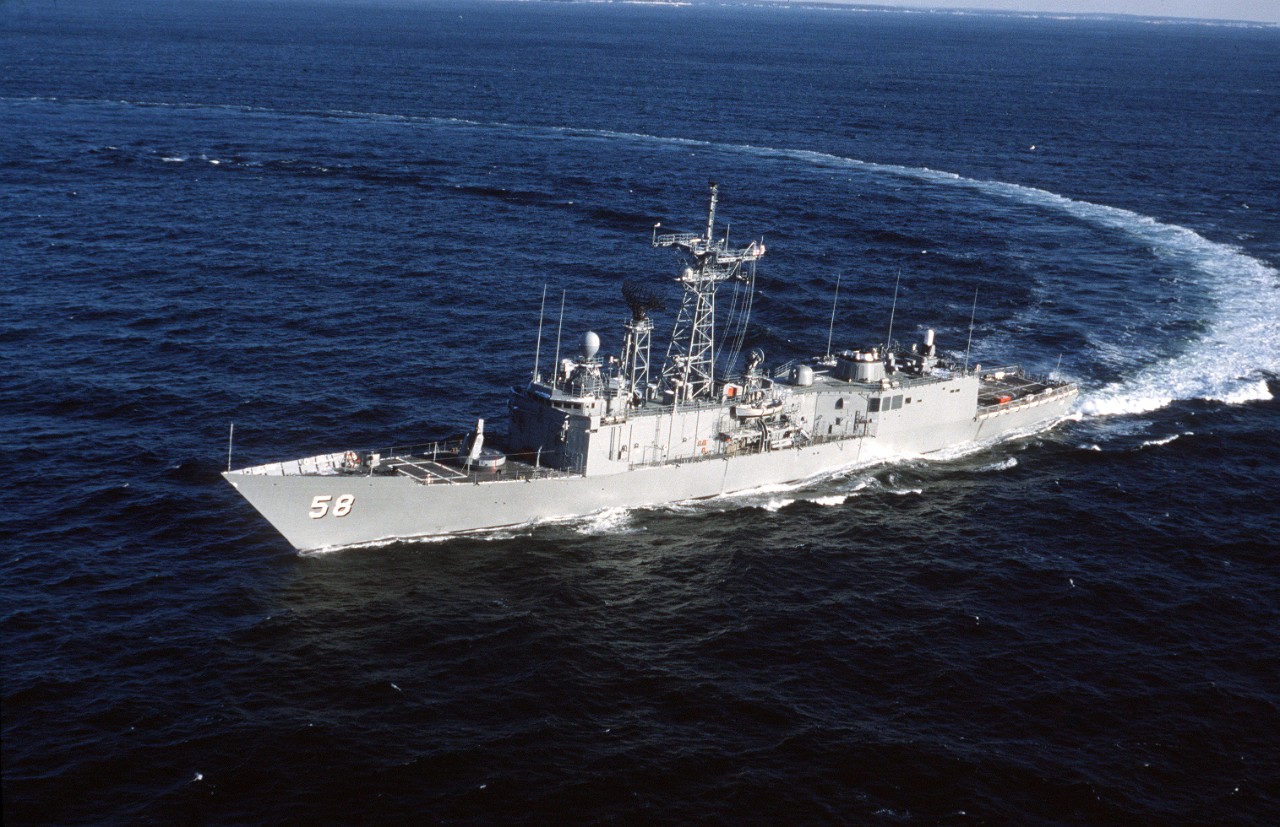 300-CFD-DN-ST-86-05316:    USS Samuel B. Roberts (FFG-58), 1986.  USS Samuel B. Roberts (FFG-58), an elevated port bow view of the guided missile frigate underway during sea trials, January 1, 1986. U.S. Navy Photograph, now in the collections of the U.S. National Archives.   